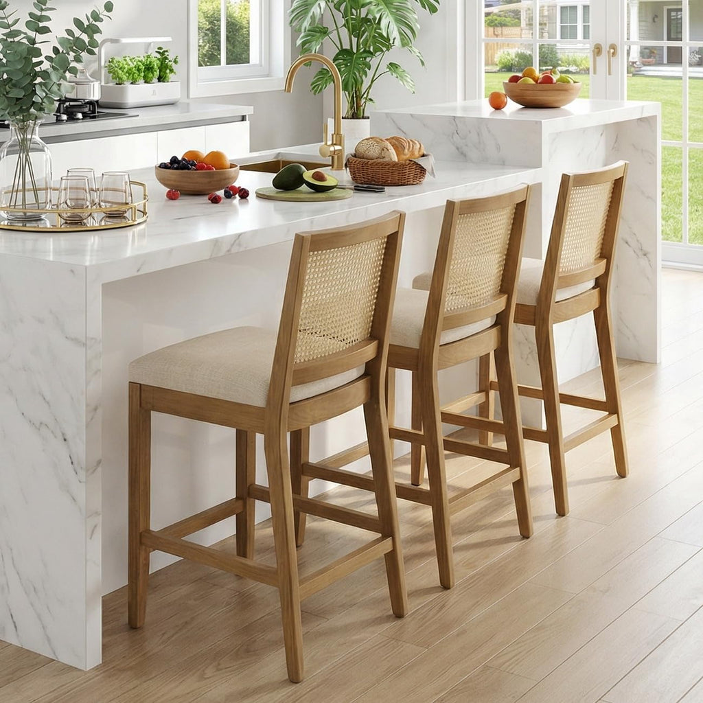 26.5" Rattan Bar Stools Set of 2 Modern Linen Fabric Upholstered Counter Height Bar Stools, Kitchen Island Barstools