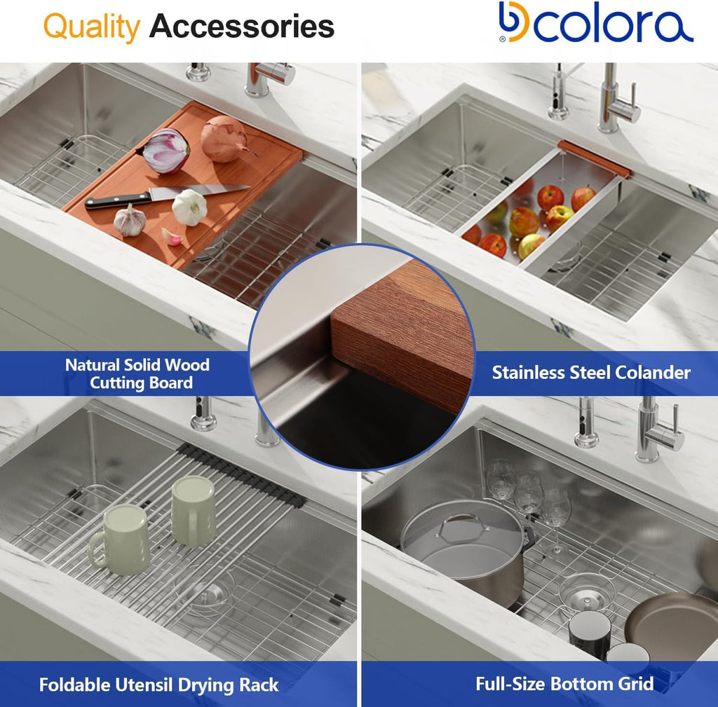 33 Inch Undermount Kitchen Sink, Single Bowl Workstation 16 Gauge 304 Stainless Steel Sink, Handmade Under Counter