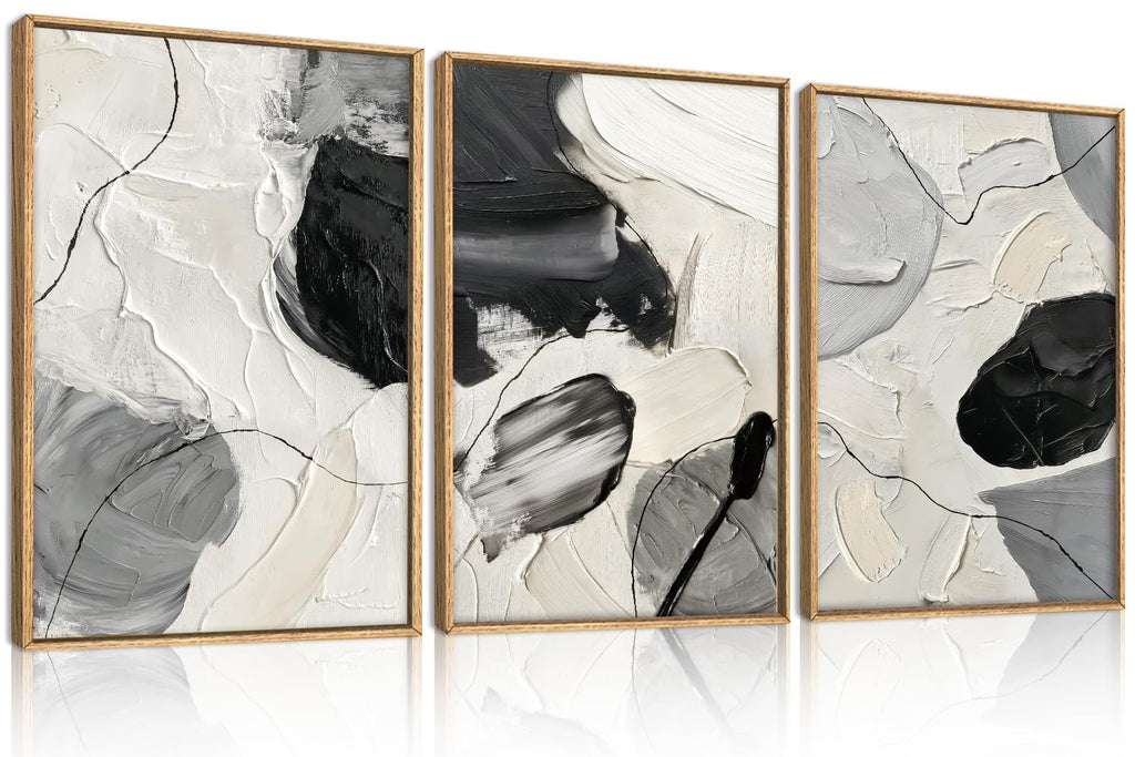 Large Abstract Black White Framed Canvas Wall Art Set-16"x24"x3