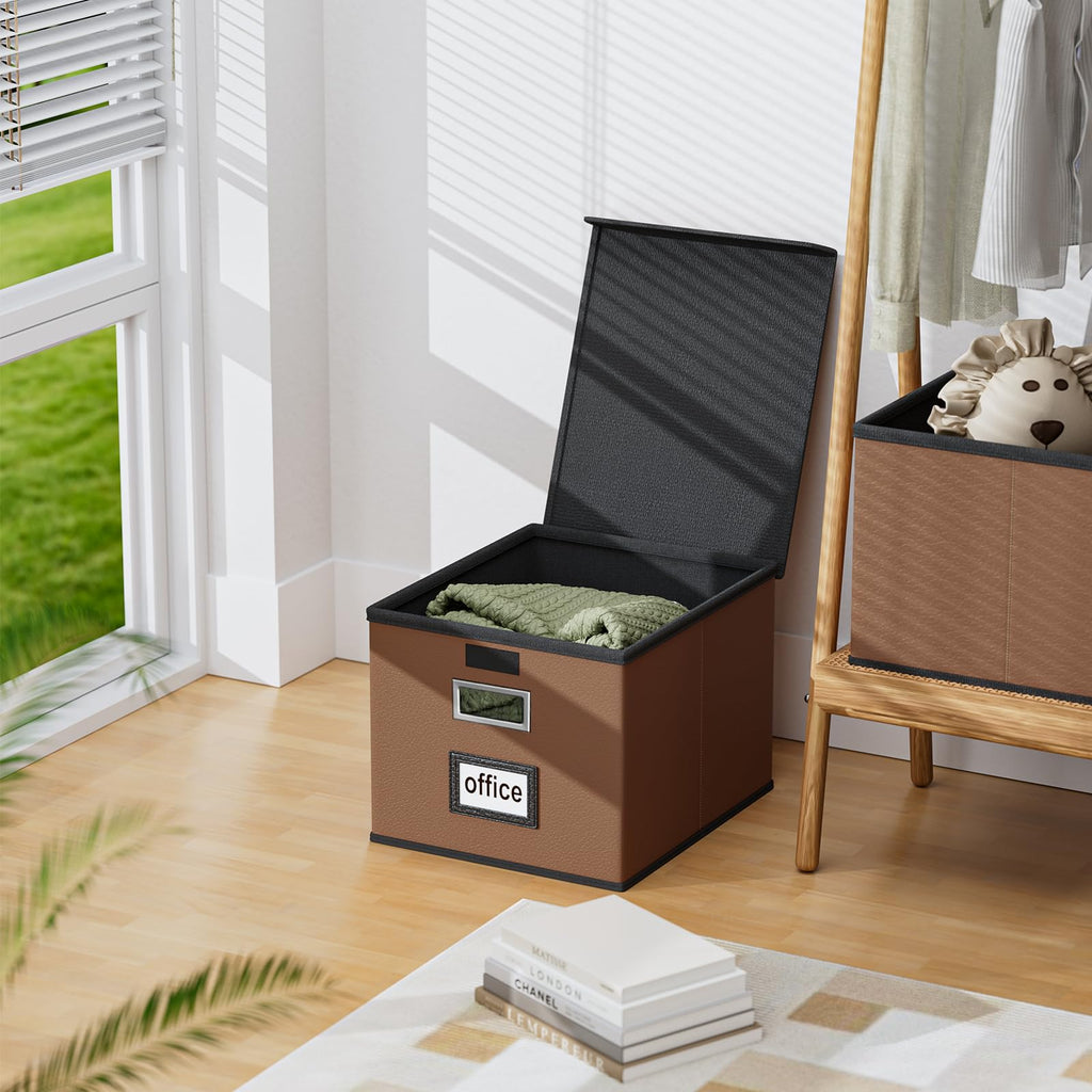 Foldable File Organizer Box with Lids (Brown, Leather)