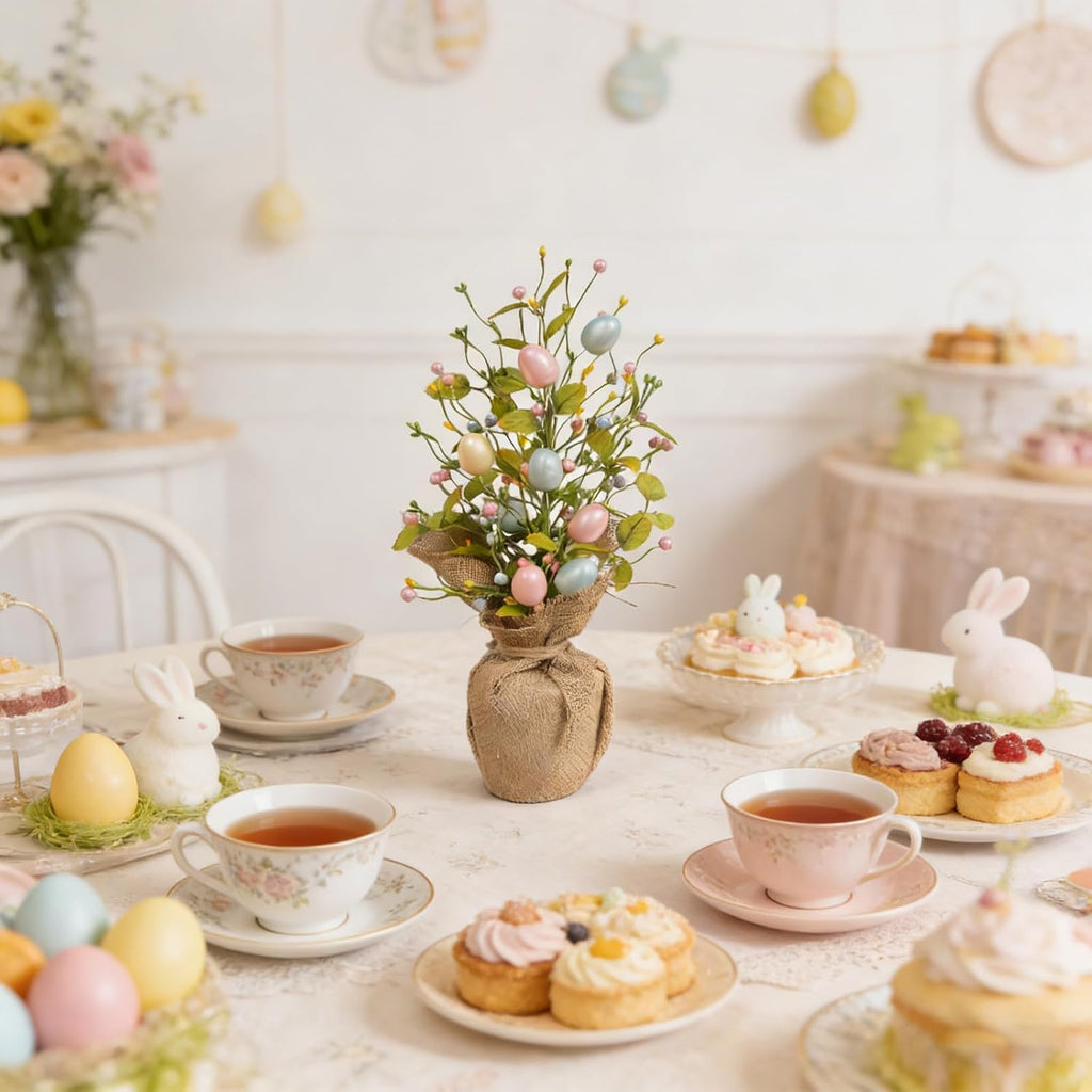 19" Easter Egg Tree Tabletop Decor - Handcrafted Pastel Centerpiece with Pearlized Eggs & Cement Base for Spring