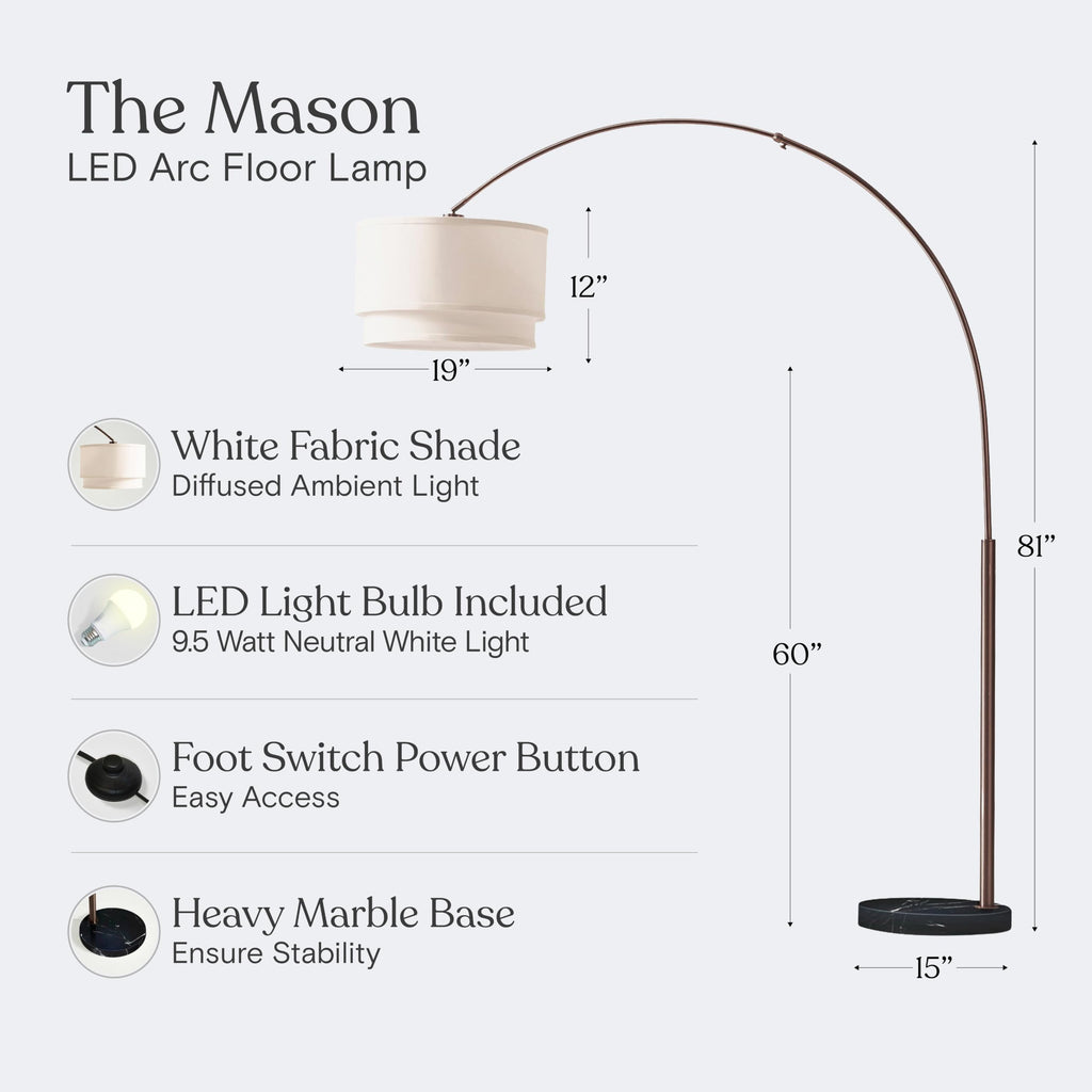Inspired Arco Style Mason Arc Floor Lamp - Modern Corner Standing Lamp with Unique Hanging Drum Lamp Shade - Bright Overhead, Curved