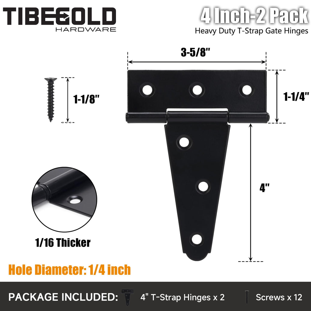 4 Inch T-Strap Gate Hinges, Heavy Duty Shed Door Hinges, Black Tee Hinges for Wooden Fences, Yard Gates, Rustproof