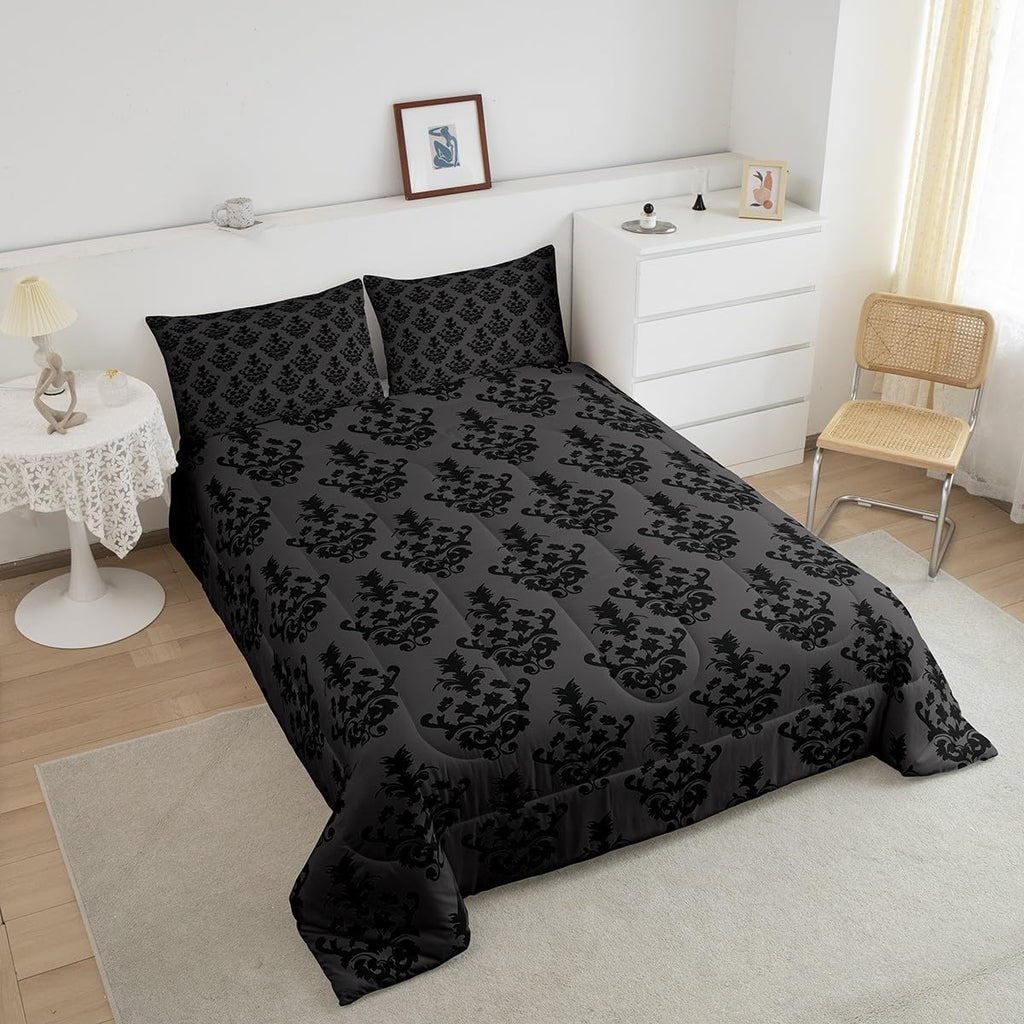 Gothic Victorian Damask Comforter Set King - Vintage Baroque Goth Bed Set With Black Floral Pattern - Bohemian Decor