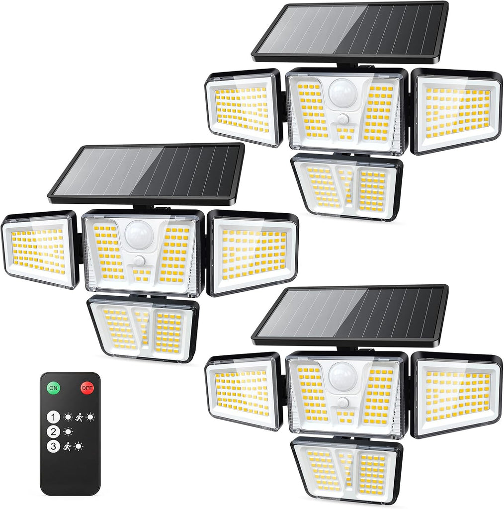 Solar Flood Lights, 3600LM 270° Motion Sensor Outdoor Lights-Remote | 4 Heads 3 Modes Solar Lights Outdoor, Glass