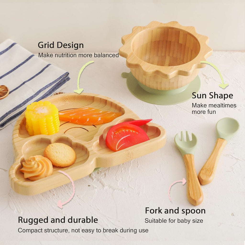 Bamboo Suction Plates Bowls Set for Baby Toddler Divided Platter Food bowl with Silicone Fork & Spoon All-Natural