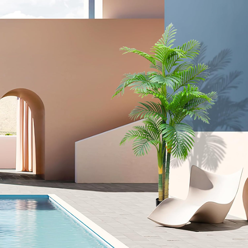 7FT Fake Palm Trees, Artificial Golden Cane Palm Tree 84IN, Green Large Tropical Palm Fake Plant in Pot for Indoor