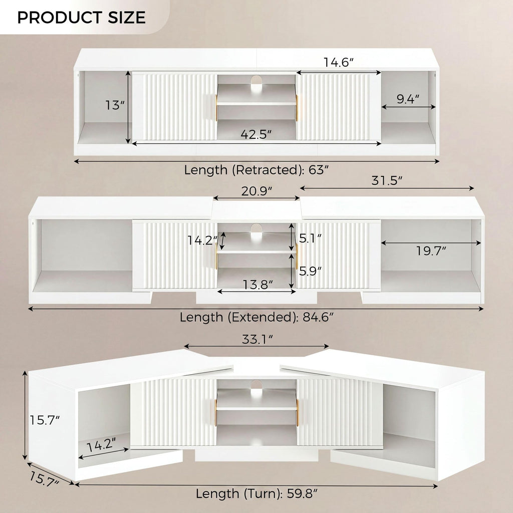 TV Stand for 55-80 Inches TVs, 63"-84.6" Adjustable Length, Extendable Corner Entertainment Center with Storage