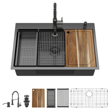 Drop Sink - 33x22 Drop In Gunmetal Black Kitchen Sink with Faucet Combo Workstation NANO-PVD 16 Gauge Stainless Steel
