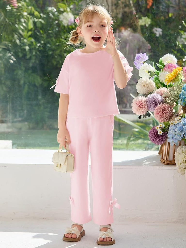 Toddler Baby Girls Summer Clothes 2 Piece Outfits Cute Bow Short Sleeve T Shirts Pants Set with Pockets