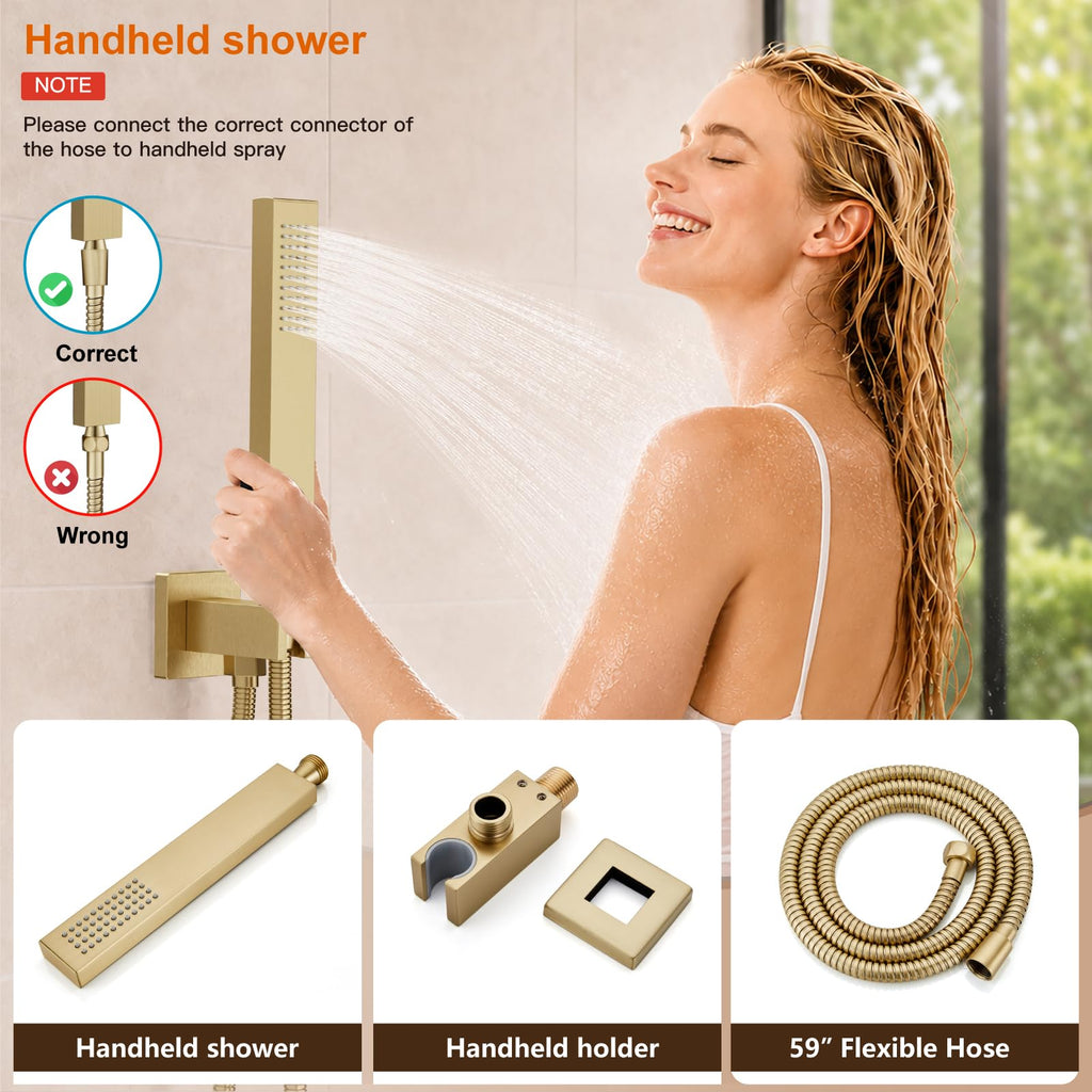 Shower System with Tub Spout, 10 Inch Shower Head, Brushed Gold