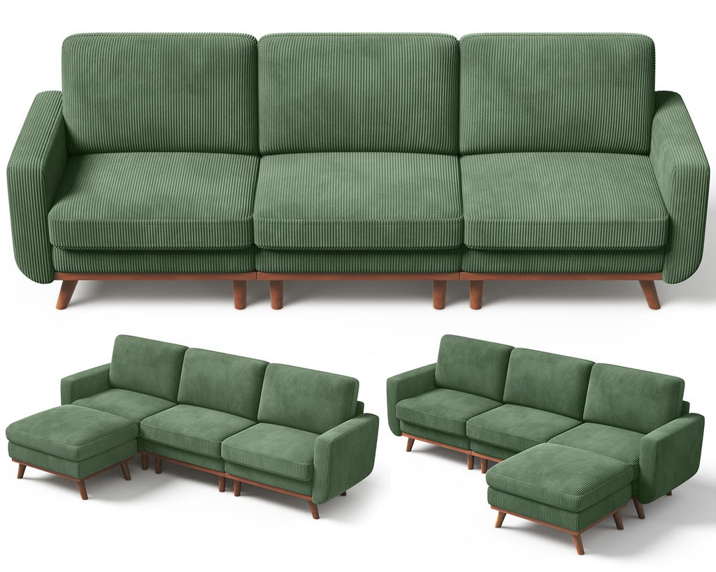 97" L-Shape Modular Sofa, 3-Seat Corduroy Couch with Movable Ottoman, Sectional Sofa, Green
