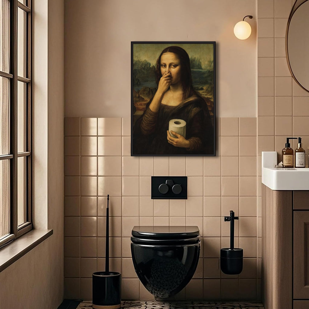 Framed Funny Mona Lisa Bathroom Wall Art, Humor Amusing Bathroom Prints