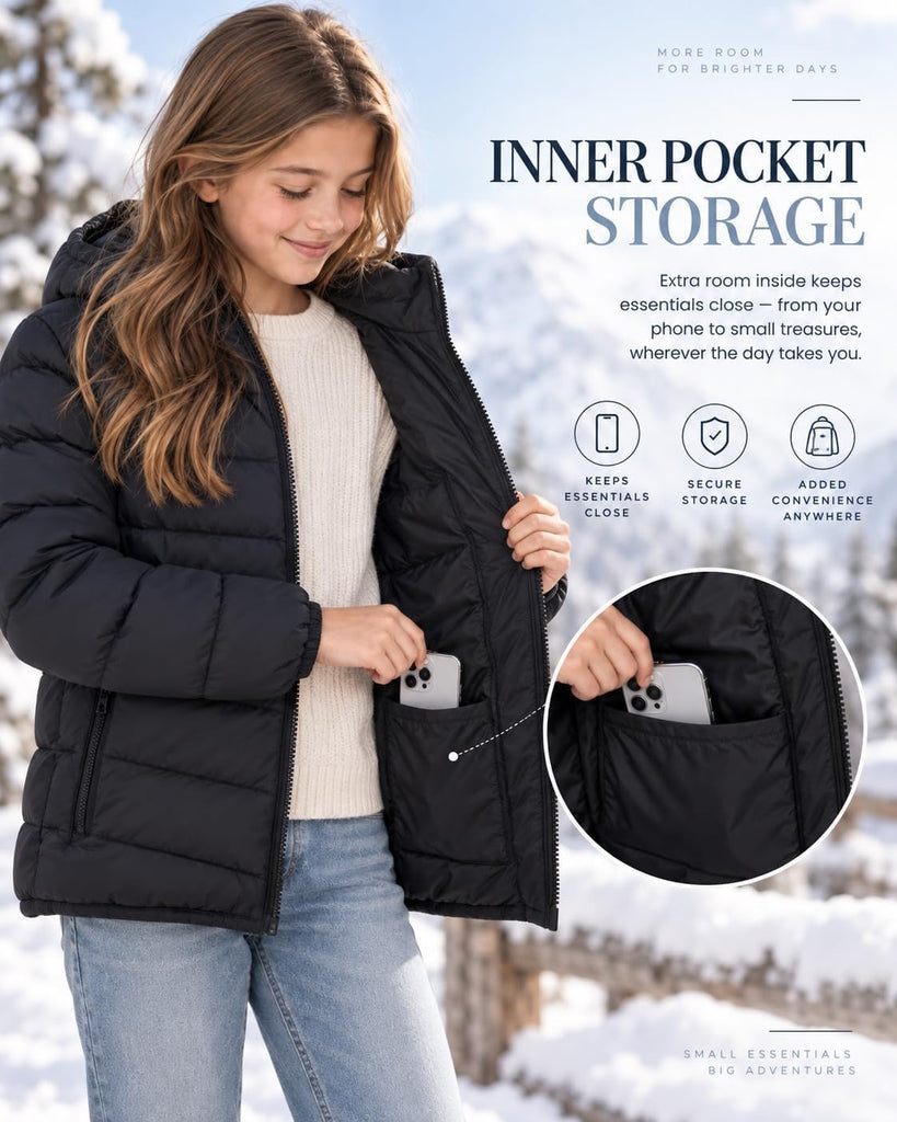 Girls Winter Coat Lightweight Puffer Jacket Zip Pockets