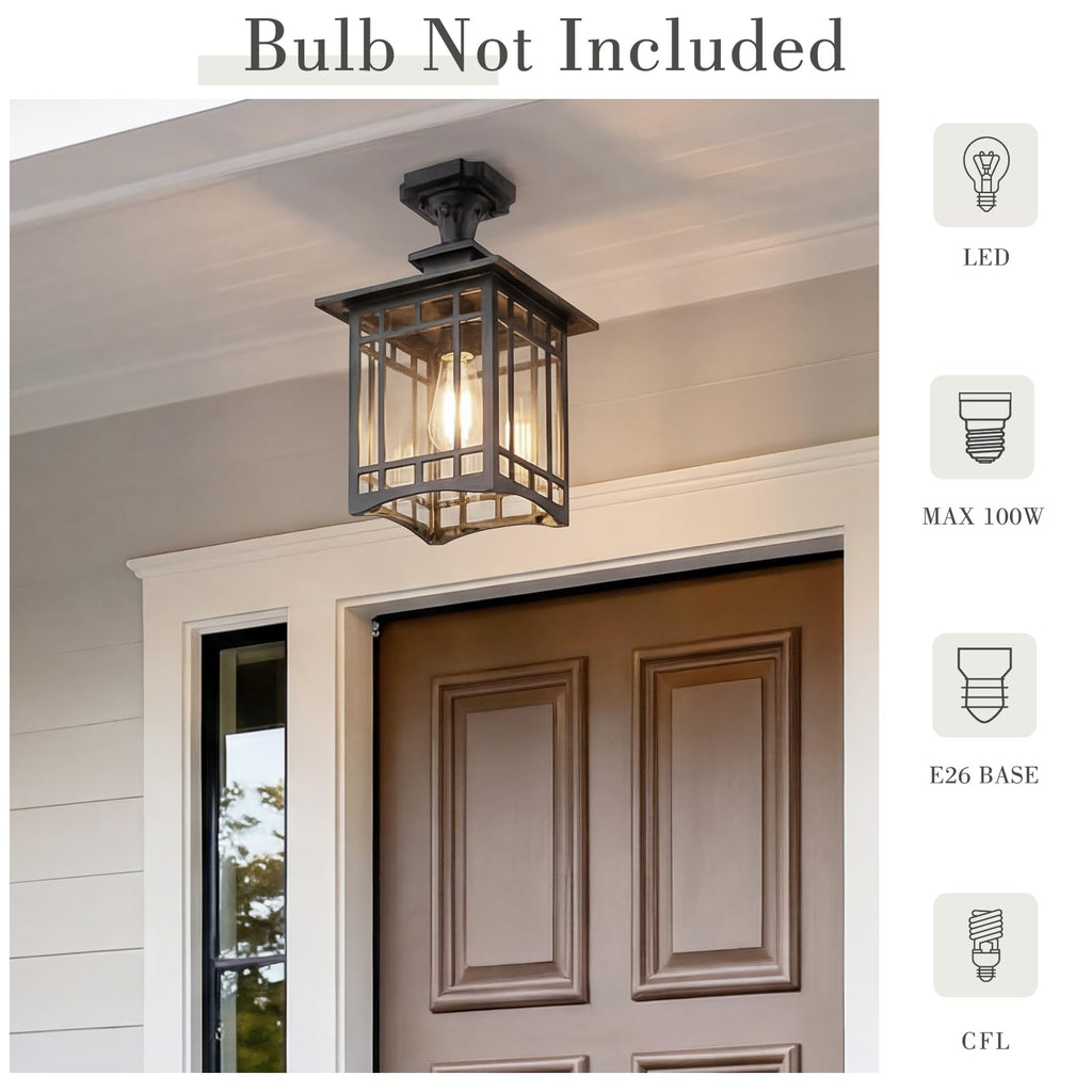 Outdoor Semi Flush Mount Ceiling Light Fixture, 15.4 Inch Black Porch Light Ceiling Mount with Clear Glass for Proch