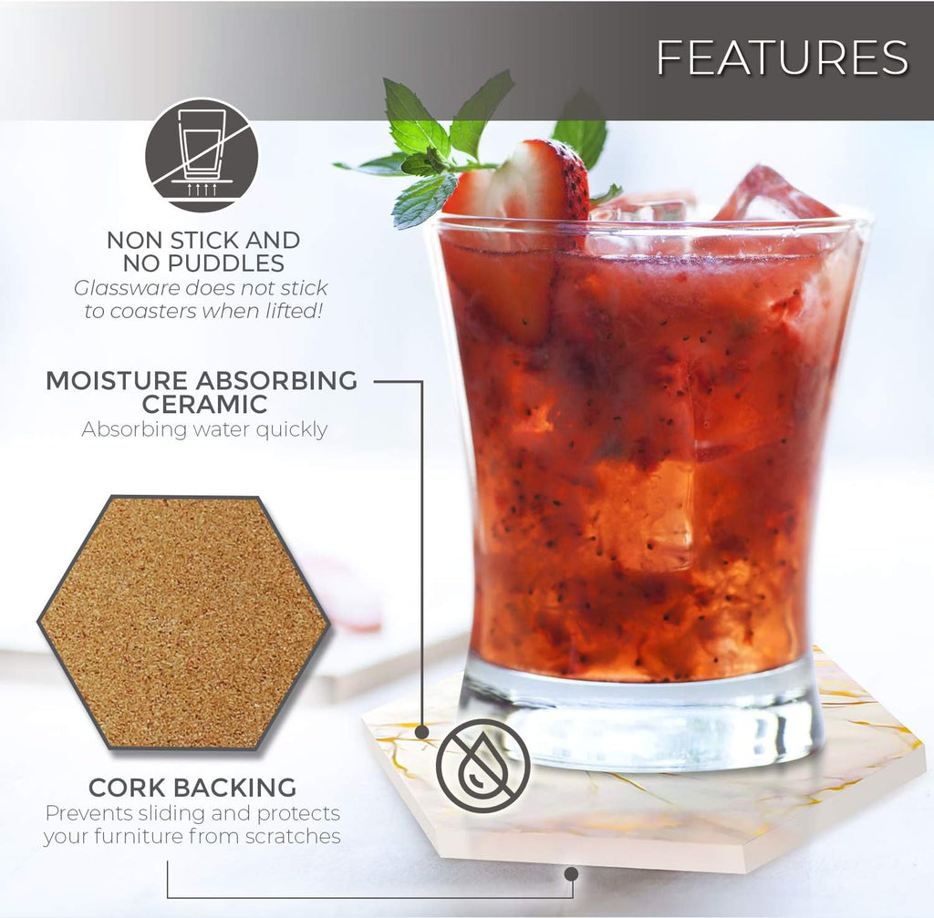 8-Piece Marble Ceramic Coaster Set | Super Absorbent for Hot & Cold Drinks | Cork Bottom Table Coasters - Set of 8