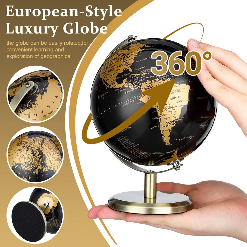 6 Inch Small World Globe, Black Gold Desktop Globe with Antique Bronze Stand, Vintage Metal Geography Map, Elegant
