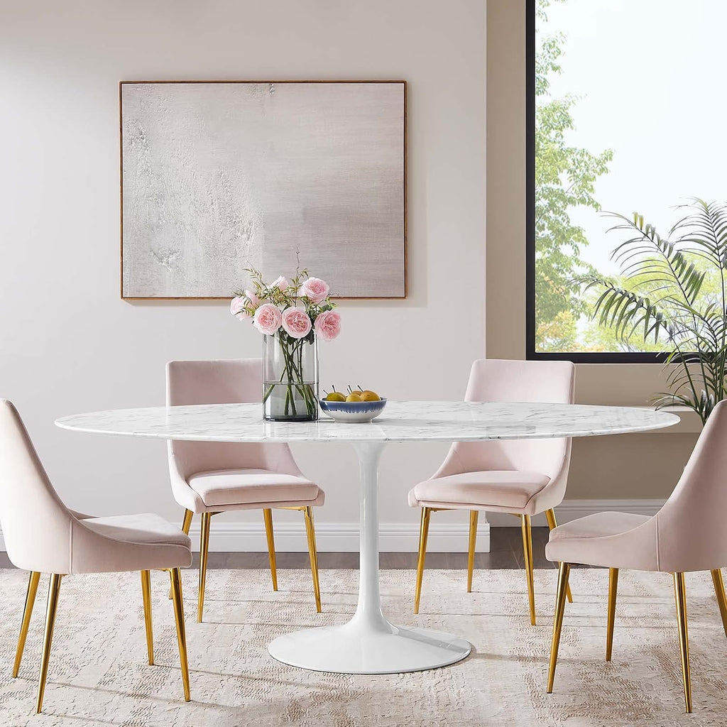 Inspired Tulip Style Oval Pedestal Dining Table — White Base / Marble Top, 78″ Oval