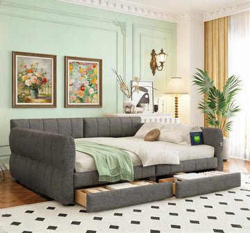 Queen daybed with USB, Queen Corner beds, Upholstered daybed with 2 Drawers for Kids,Teens,Adults, Lambswool, Gray