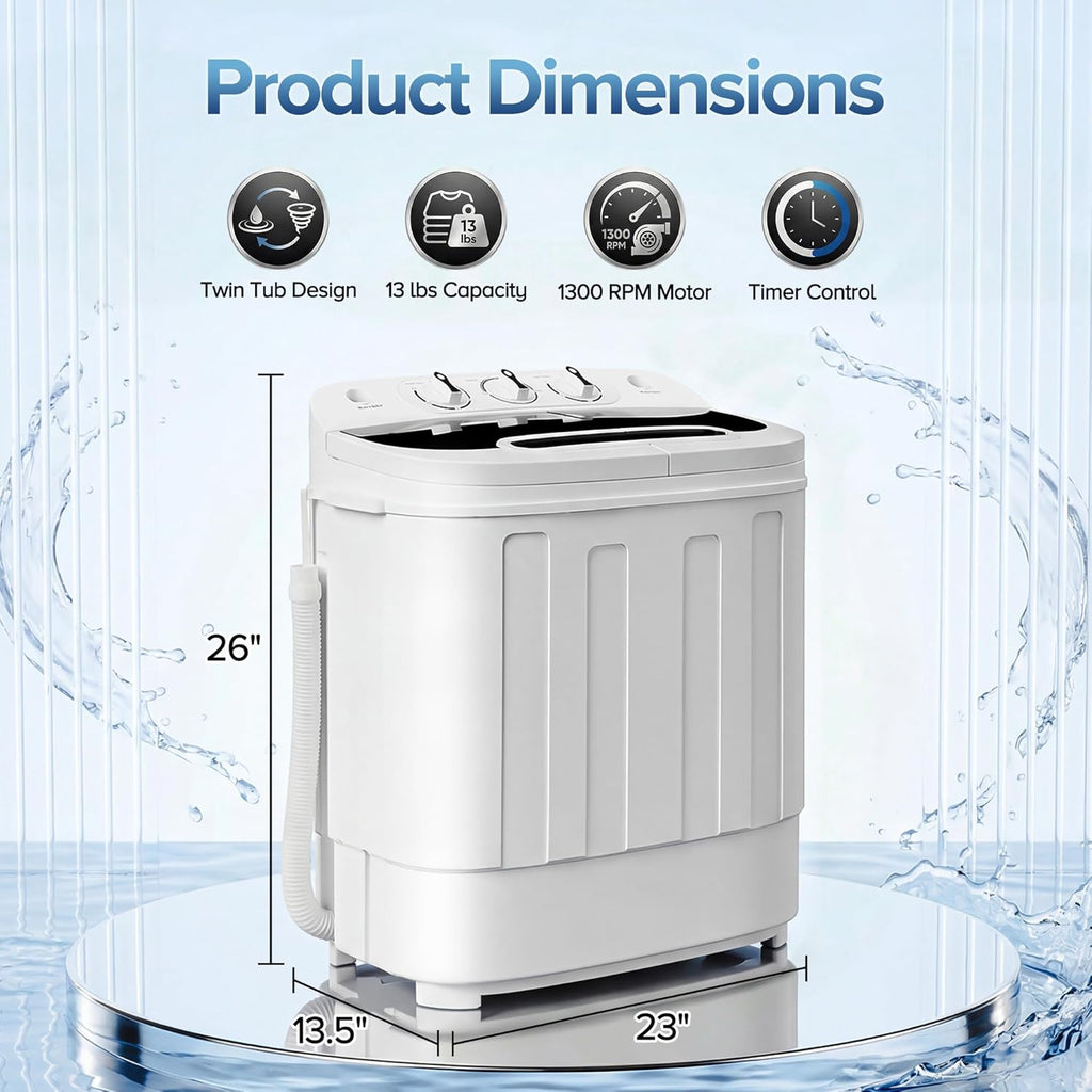 Compact Mini Twin Tub Washing Machine 13lbs Capacity Portable Washer Wash and Spin Cycle Combo, Built-in Gravity Drain