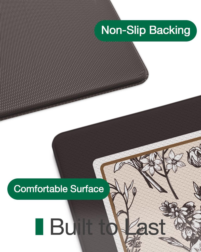 Kitchen Mats for Floor Set of 2 Cushioned Anti Fatigue, 17x30+17x59 | Cream Black Memory Foam Padded, Easy Care