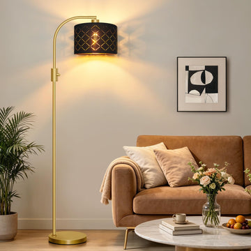 Dimmable Floor Lamp, 1200 Lumens LED Edison Bulb Included, Arc Gold Floor Lamps Modern Standing Lamp with Black Grid