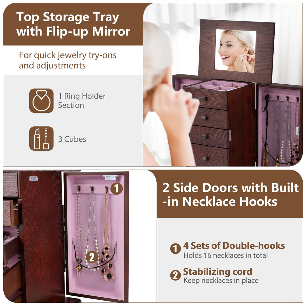 Standing Jewelry Armoire Cabinet with 4 Drawers, Flip Top Mirror, Top Storage Compartments, 2 Side Doors with 8