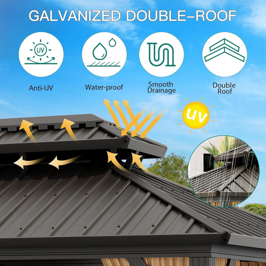 12 x 20 ft Hardtop Gazebo, Heavy Duty Galvanized Aluminum Frame Double Roof Outdoor Pavilion