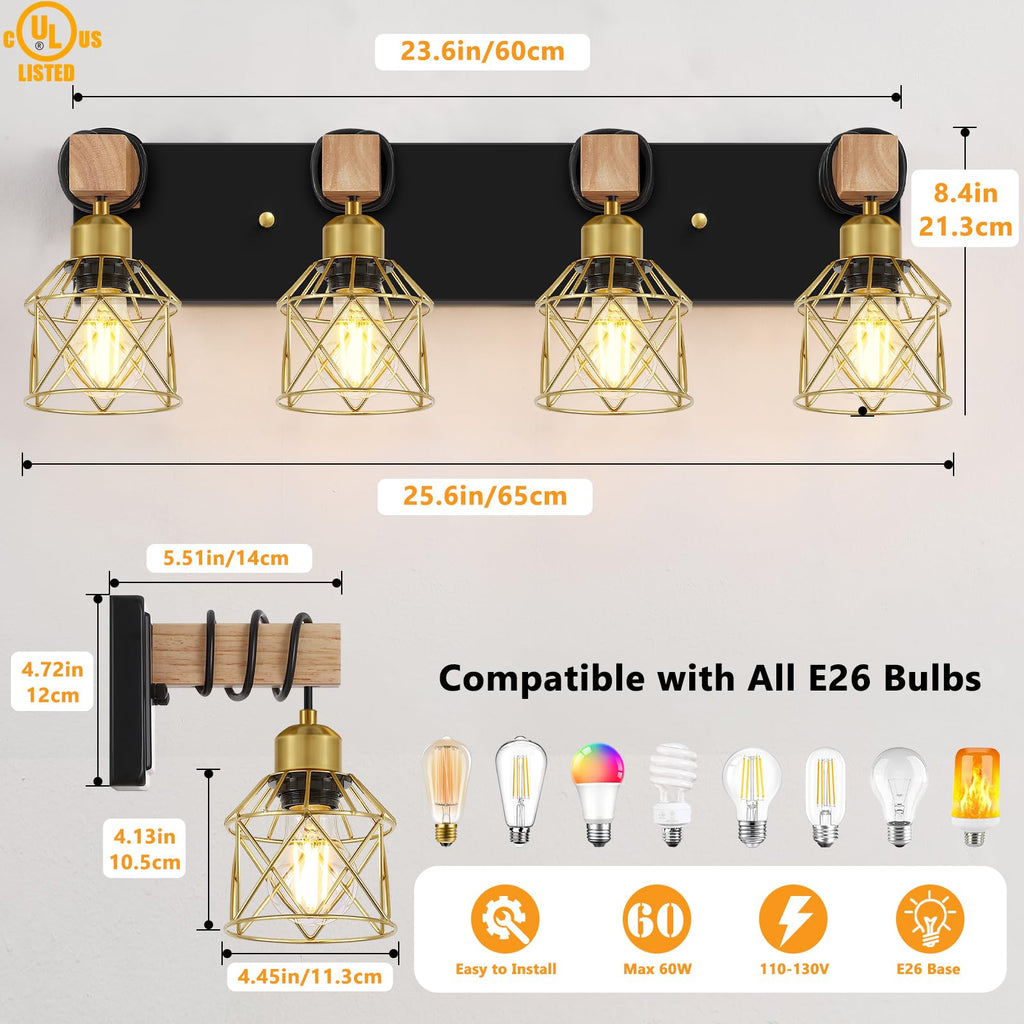 Farmhouse Bathroom Vanity Light Fixtures, 4-Light Wood Bathroom Lighting Over Mirror, Rustic Black Gold Sconces Wall