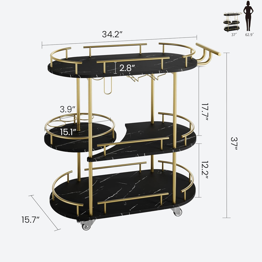 Modern 3-Tier Gold Bar Cart with Black Marble Panel - Mobile Serving Cart with Wine Rack & Glass Holder, Storage