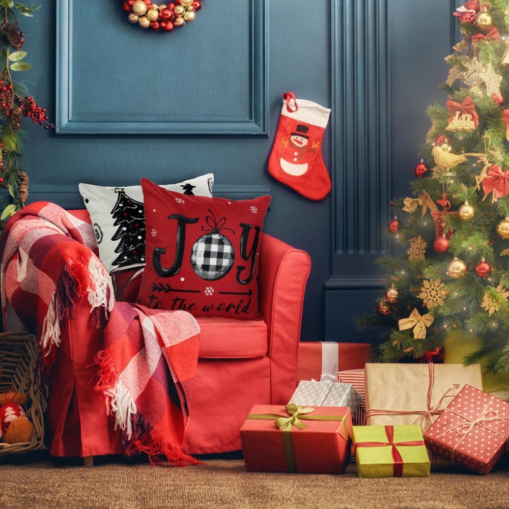 Christmas Pillow Covers 18x18 Inch Red Pillow Covers Xmas Decorations Buffalo Tree Truck Merry Christmas Pillows - Set of 4