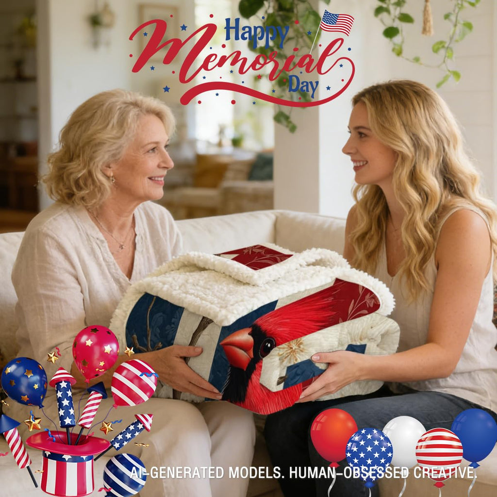 Cardinal Bird Sherpa Blanket with American Flag Stripe and White Blossom Design, Memorial Sympathy Gift Throw for