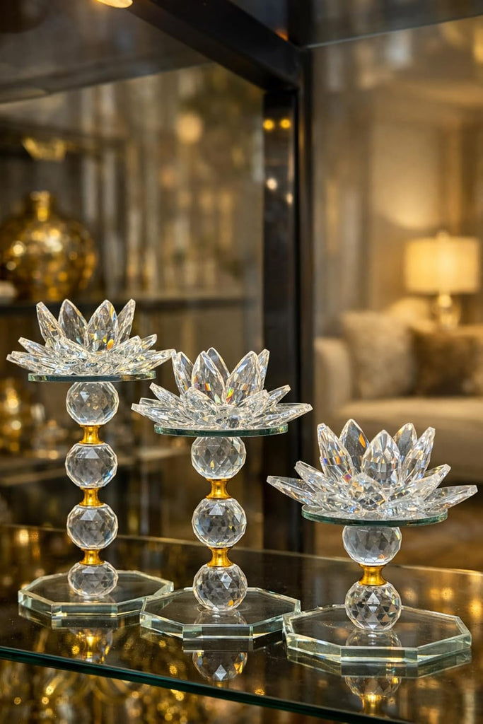 Quality Crystal Lotus Flower Candle Holder Set Gold Accents 3 Piece Glass - Gold