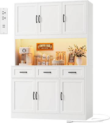 Kitchen Pantry Storage Cabinet, Tall Kitchen Hutch Cabinet, White | 47"W Food Pantry Cabinet with Smart LED /