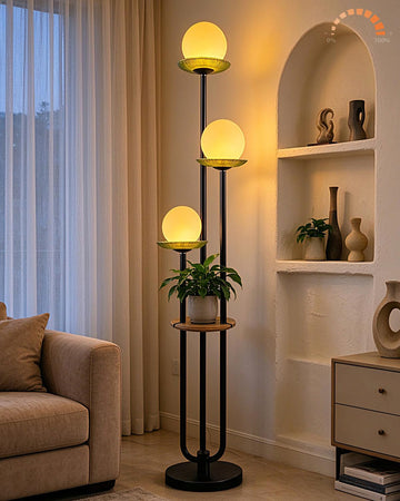 3-Globe Black Floor Lamp Dimmable with Green Glass Tray Tall Lamp