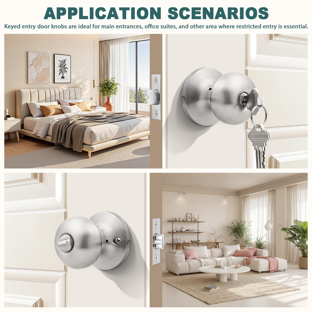 Entry Door Knobs with Lock and Same Keys, Brushed Nickel Keyed Aliked Entry Door Lock Sets for Exterior & Interior