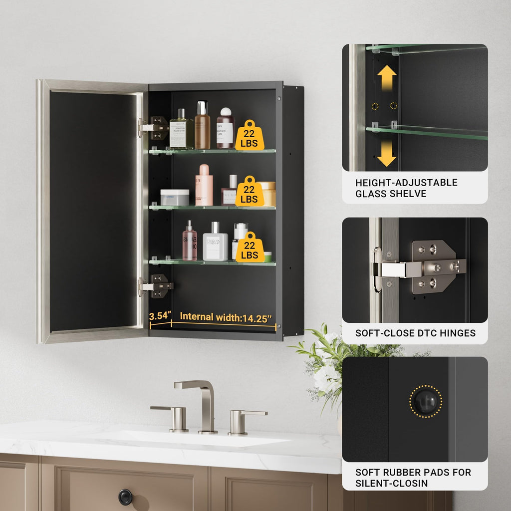 Pre-Assembled Surface or Recessed Medicine Cabinet Mirror-16x24 Brushed Nickel Bathroom Medicine Cabinet with Mirror