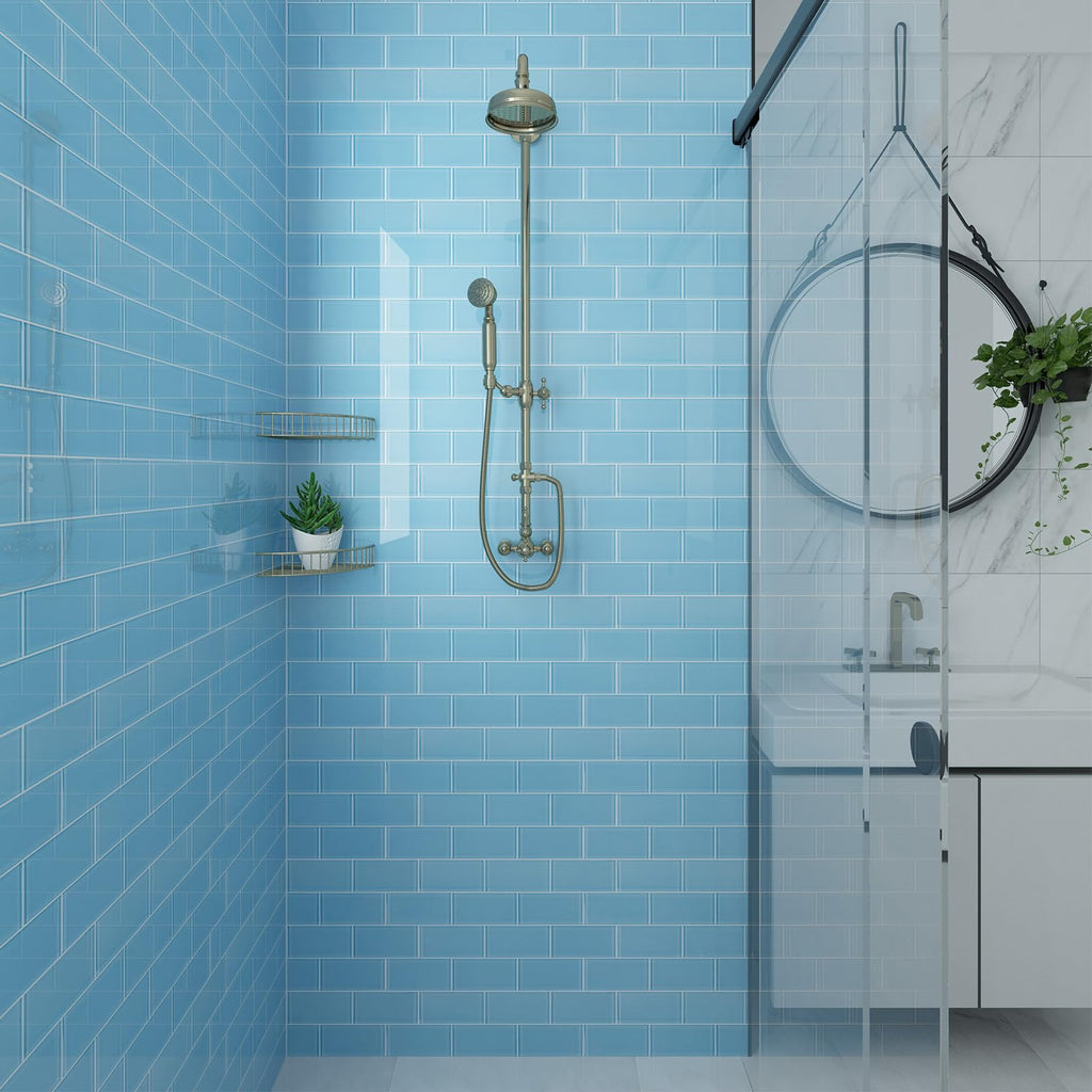 Blue Glass Subway Tile, Glass Kitchen Shower Backsplash Wall, 3 x 6 Inches, 4 Sq.Ft.