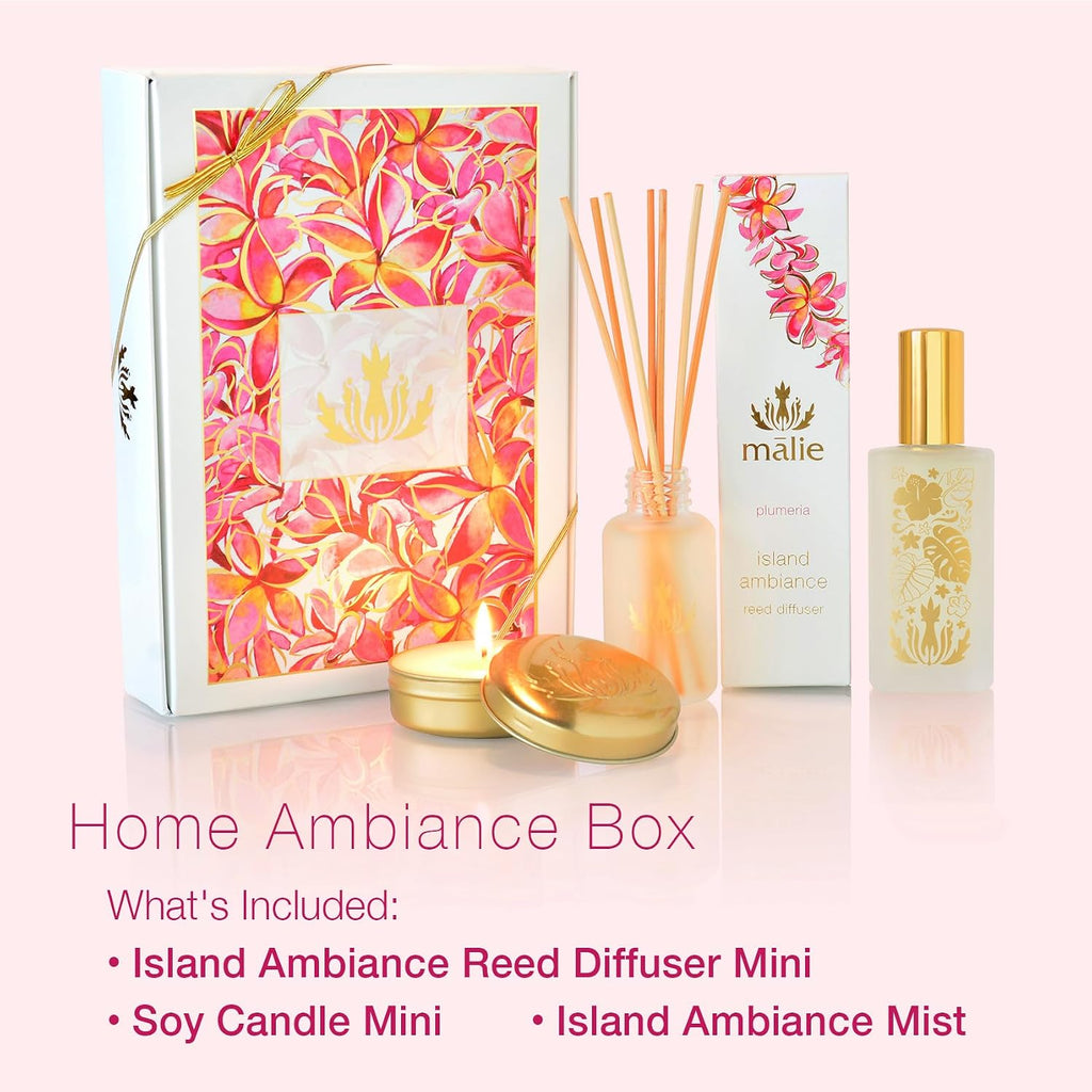 Home Ambiance Gift Box, Plumeria, Hawaiian Aromatherapy Gift Set with Reed Diffuser, Ambiance Mist + Soy Candle