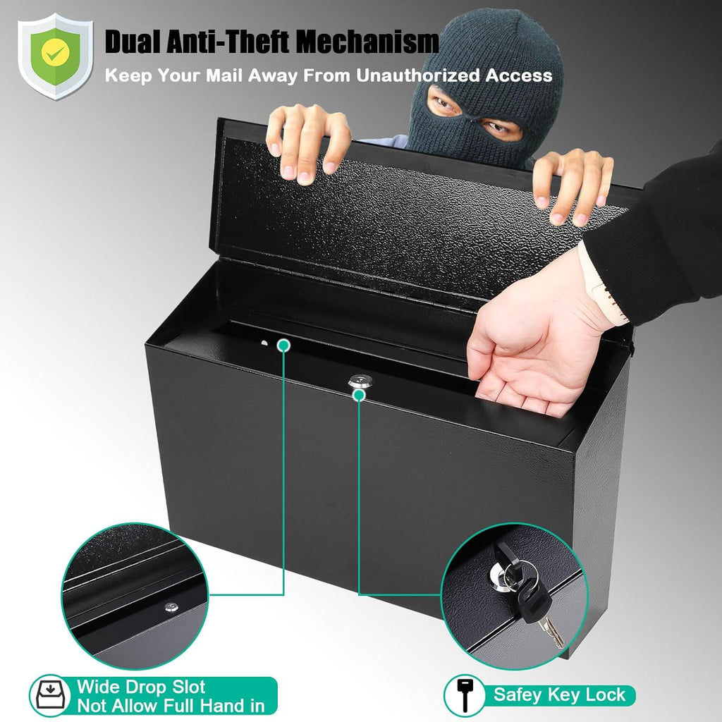 Locking Wall Mount Mailboxes Mail Box with Key Lock, Security Drop Box, Metal Post Box Decorative,15.7 * 9.9 * 4.9in