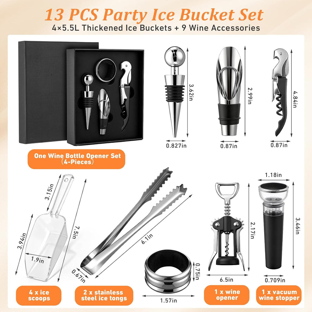 Ice Buckets for Parties Large 5.5L Clear Acrylic Beverage Tubs Portable Cooler Barrel with Scoops Tongs Wine - Set of 4