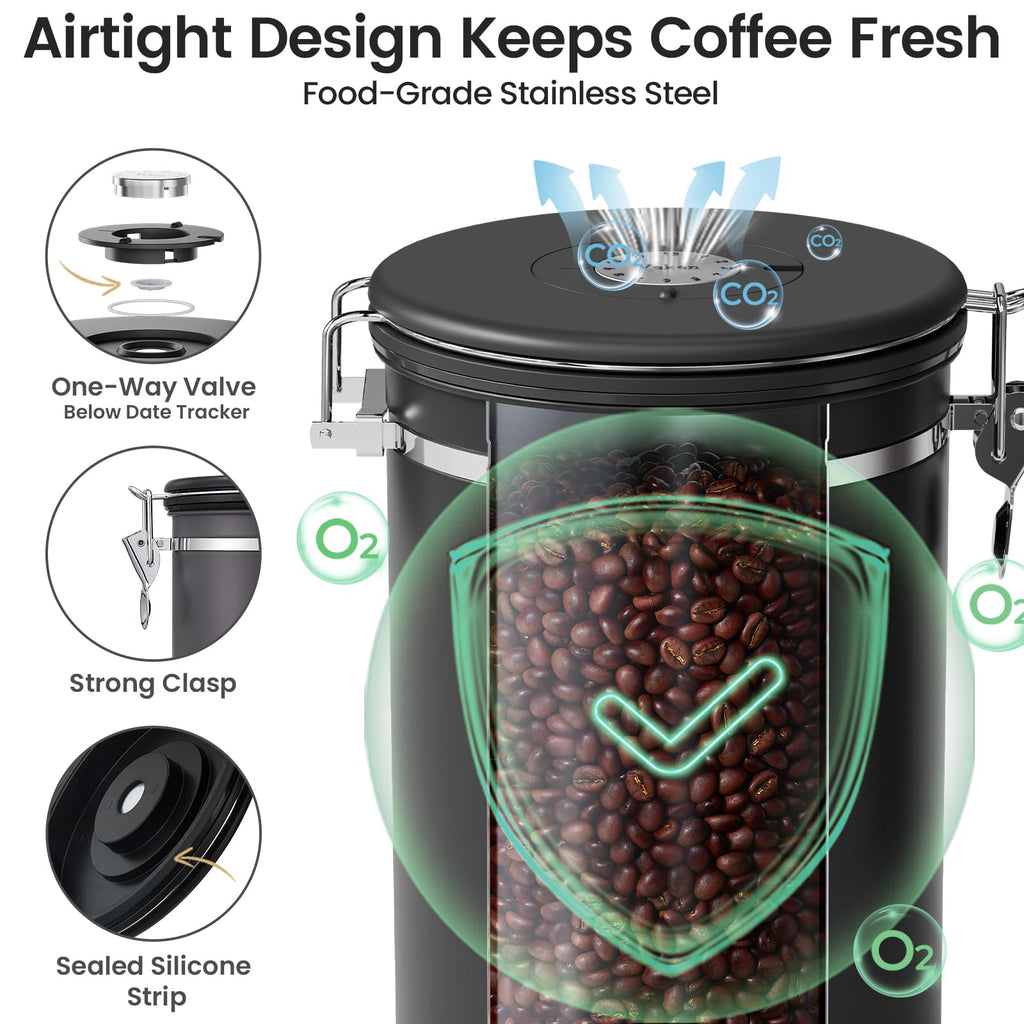 Coffee Canister with Window, 39OZ Large Airtight Stainless Steel Jars