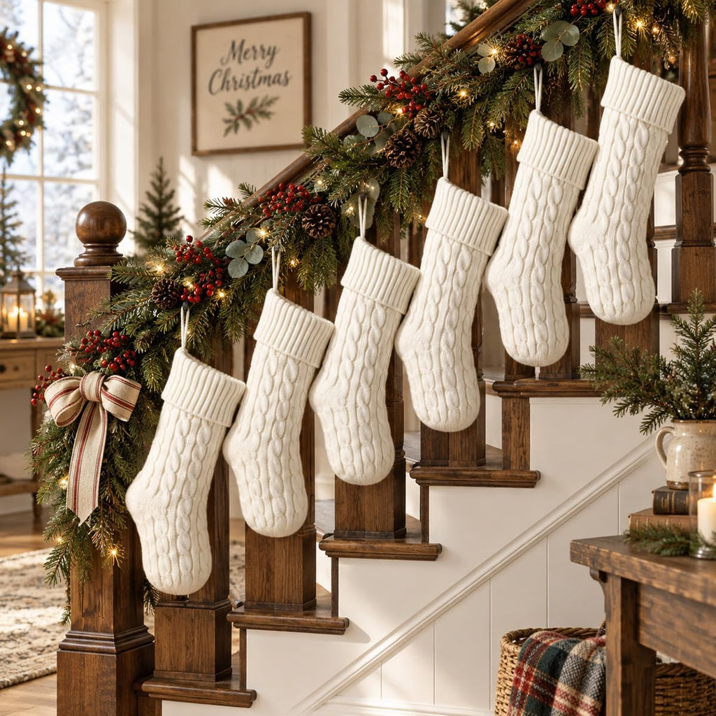 18 Inch Christmas Stockings, Set of 6 Classic Cream White Cable Knitted Stockings with Velvet Ribbon Loop Bows