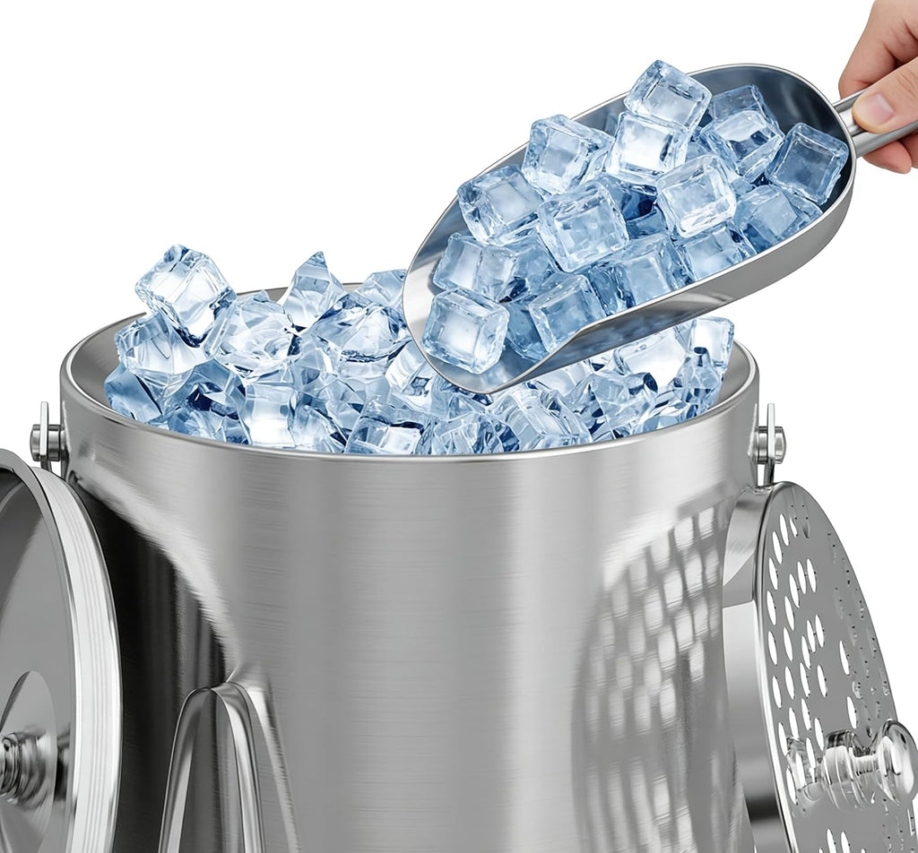 Ice Bucket, Ice Bucket with Lid Ice Tong Ice Scoop and Strainer for Cocktail Parties 3L Stainless Steel Insulated Ice