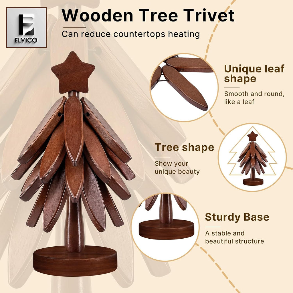 Wooden Trivets for Hot Dishes, Wooden Tree Trivet + 1 Stand - Set of 4