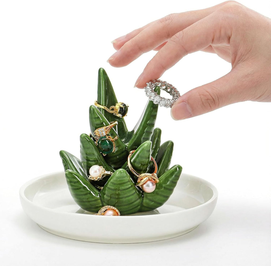 Ceramic Ring Holder Dish, Decorative Round Jewelry Display Trays, Aloe & Cactus Small Trinket Plate, Gift - Set of 2