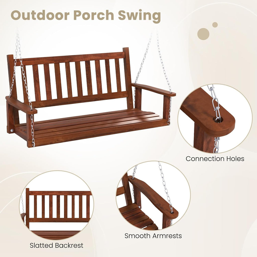 2-Person Wooden Outdoor Porch Swing, Heavy Duty Patio Hanging Bench Chair with 500 LBS Weight Capacity, 5.6 FT