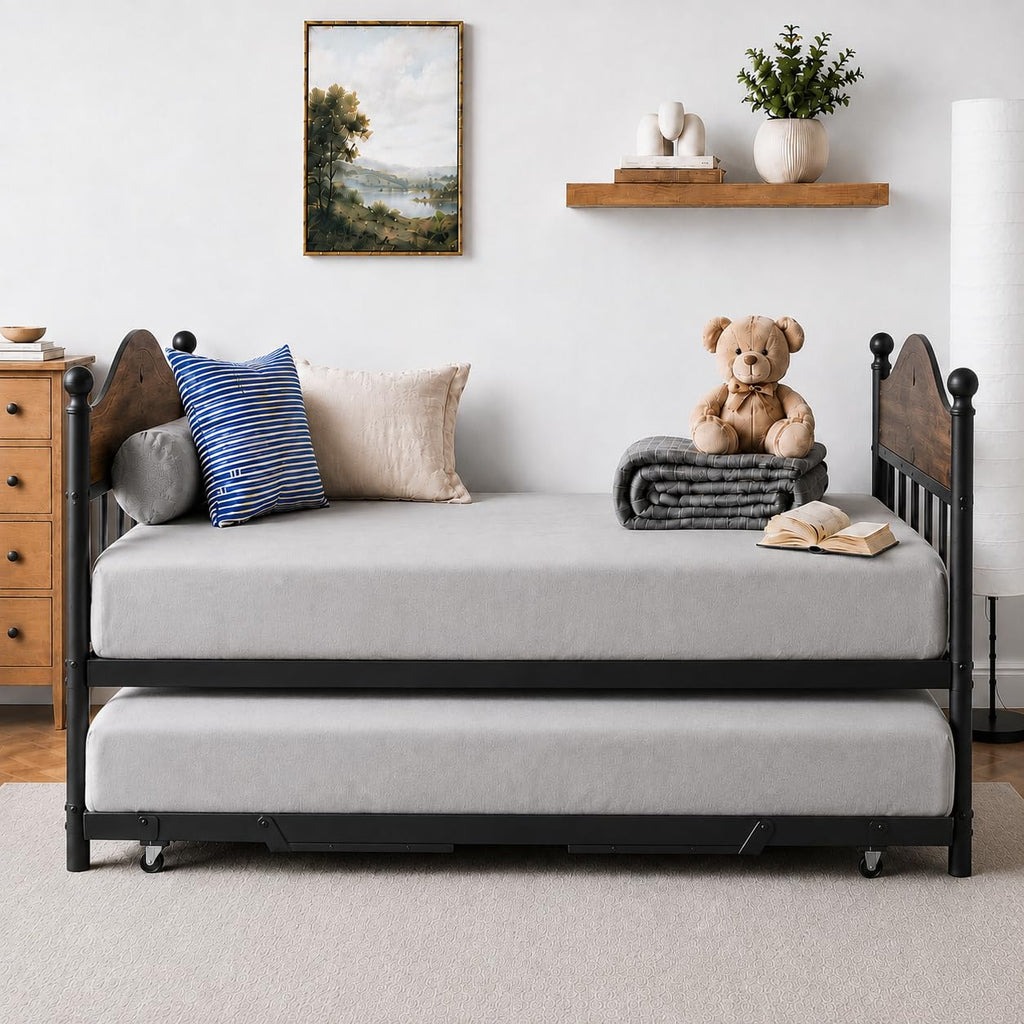 Twin Daybed with Trundle, Twin Bed Frame with with Stylish Headboard, Heavy Duty Steel Slats Platform, Brown