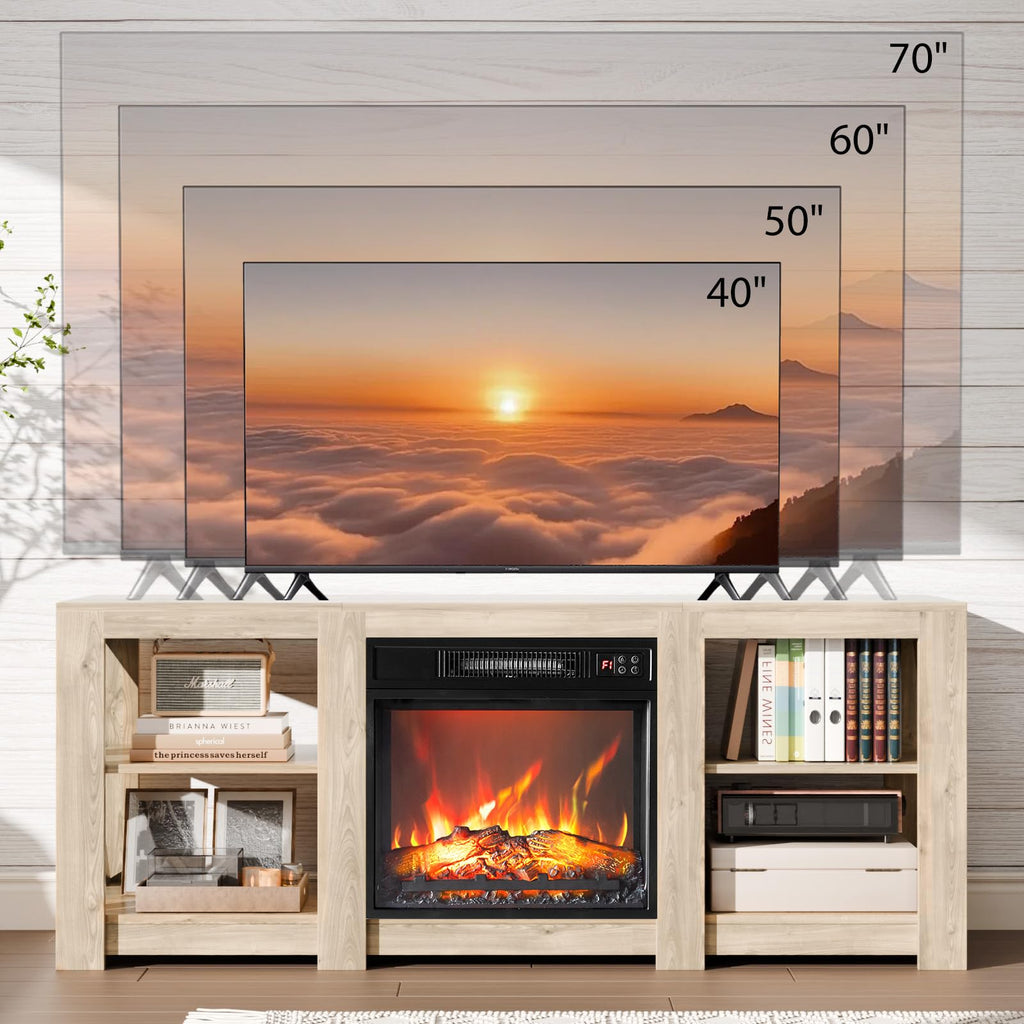 For up to 70 inch TVs, Farmhouse Entertainment Center with Electric Fireplace Heater & Adjustable Shelves, Fireplace