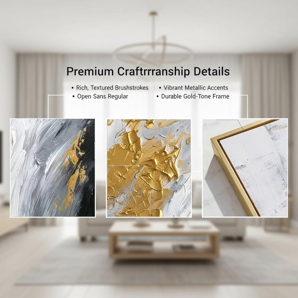 Hand-Painted Black and White Abstract Oil Painting on Canvas for Entrance-Hall, Framed Gold Wall Art ,Large 3D Wall